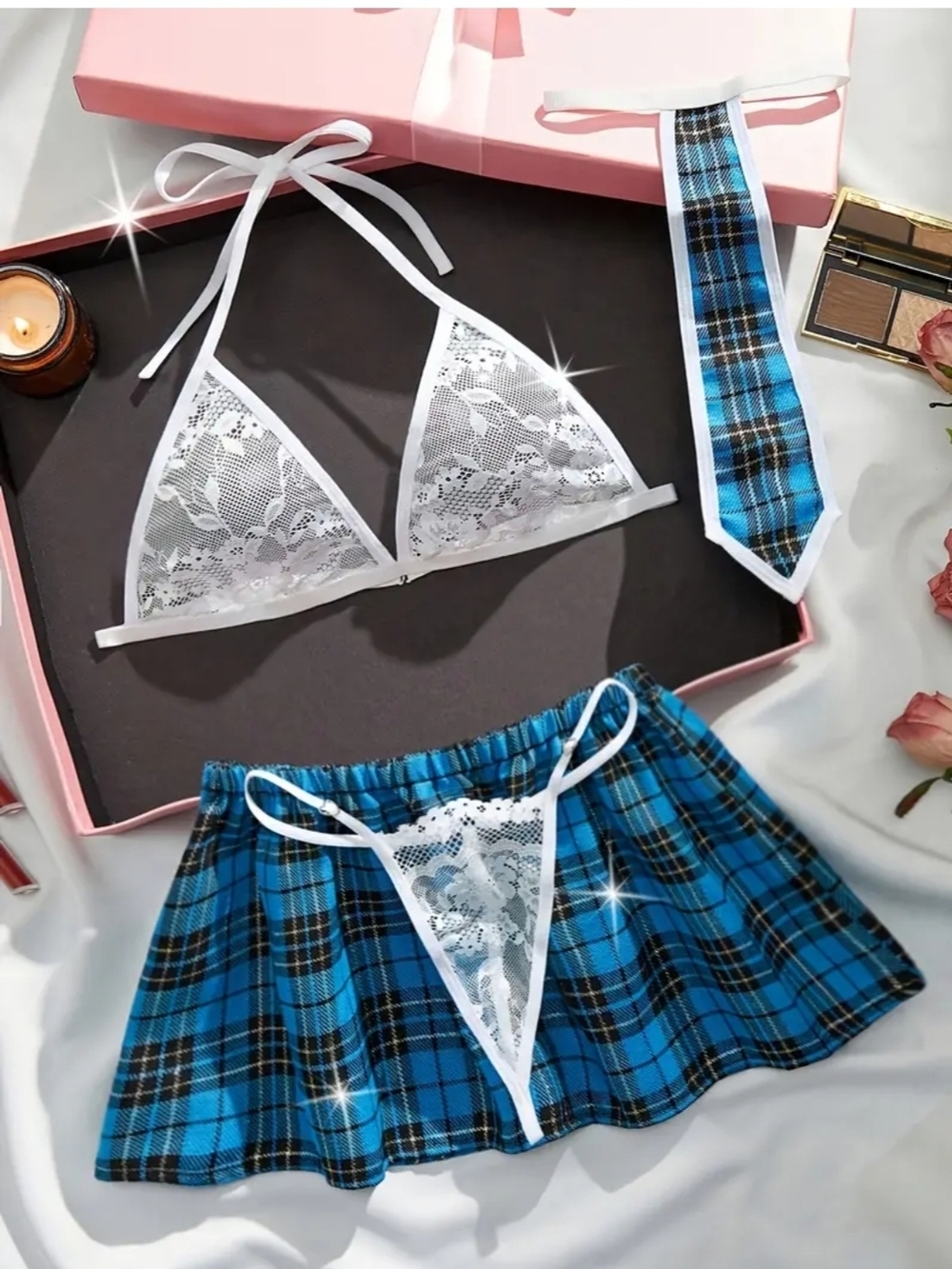 Blue Plaid Lace 4PC Lingerie Set Schoolgirl Outfit Bralette Mini Skirt Thong Tie